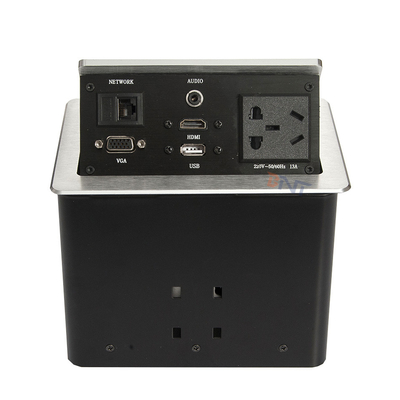 Mesa de conferencias de aleación de aluminio plateado enchufes emergentes con 2 USB, 2 redes