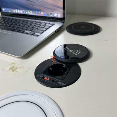 Muebles de oficina cargador inalámbrico QI redondo con toma de corriente UE y USB a+c para sofá mesa de café