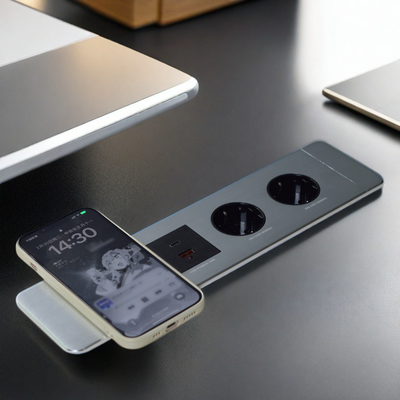 Socket de oficina multifuncional bajo la mesa EU socket de alimentación con puertos USB A + C y cargador inalámbrico