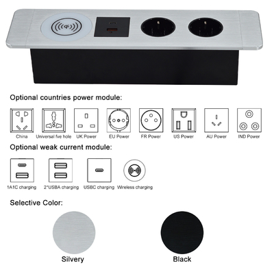 Socket de oficina multifuncional bajo la mesa EU socket de alimentación con puertos USB A + C y cargador inalámbrico