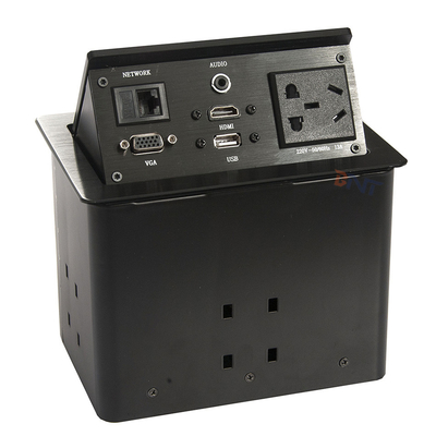 Mesa de conferencias de aleación de aluminio plateado enchufes emergentes con 2 USB, 2 redes