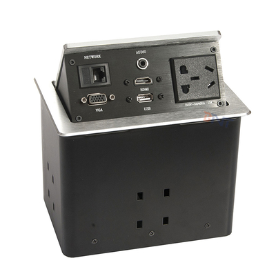 Mesa de conferencias de aleación de aluminio plateado enchufes emergentes con 2 USB, 2 redes
