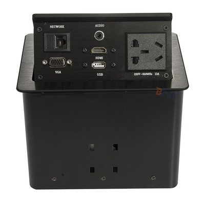 Mesa de conferencias de aleación de aluminio plateado enchufes emergentes con 2 USB, 2 redes