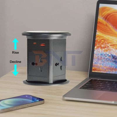 Nuevo ascensor neumático enchufe emergente EE.UU. Reino Unido Universal Cuatro montaje de superficie enchufe de escritorio superior con 15W de carga inalámbrica enchufe emergente