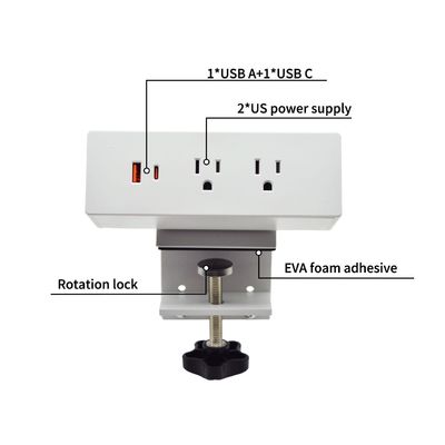 Regleta de alimentación de escritorio con abrazadera multifuncional, 2 enchufes de CA, USB A+C, carga rápida US