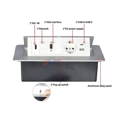 Toma de corriente de mesa emergente de aleación de aluminio, enchufe de alimentación de la UE con configuraciones modulares