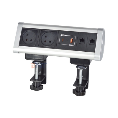 Diseño de clips adhesivos Clampada de escritorio toma de corriente con 2 tomas de corriente AC IS USB A + C PD 20W Carga rápida