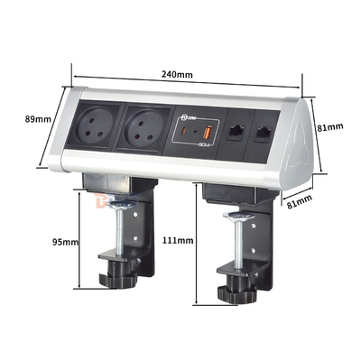 Diseño de clips adhesivos Clampada de escritorio toma de corriente con 2 tomas de corriente AC IS USB A + C PD 20W Carga rápida