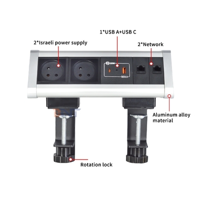 Diseño de clips adhesivos Clampada de escritorio toma de corriente con 2 tomas de corriente AC IS USB A + C PD 20W Carga rápida