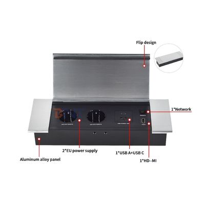 Enchufe de escritorio con diseño abatible oculto con 2 salidas EUAC, USB A+C, HDMI y red