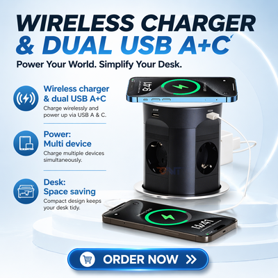 BNT Tabletop Office Commercial Use 4 AC Power Pneumatic Pop-Up Desktop Socket Kitchen Socket with Dual USB A+C Port PD45W Charge