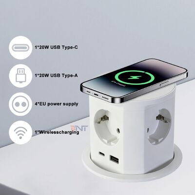 BNT Uso comercial de escritorio IP44 4 tomas de corriente alterna 16A ABS enchufe neumático USB puertos A + C PD20W carga